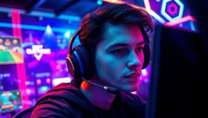 Permainan online yang mendebarkan dengan gamer profesional di lingkungan yang penuh energi.