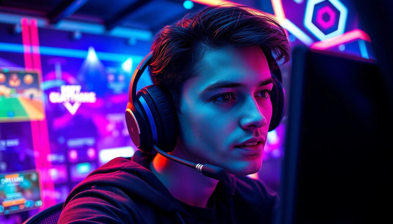 Permainan online yang mendebarkan dengan gamer profesional di lingkungan yang penuh energi.