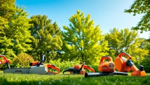 Stihl-Gartenwerkzeuge in einem einladenden, grünen Umfeld präsentieren