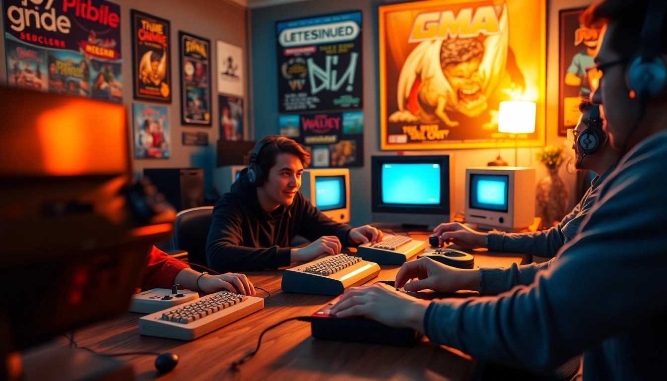 Players enjoy the nostalgic vibe as they play DOS games in a retro gaming room.