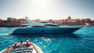 Experience boat hire malta with a stunning yacht against Malta's beautiful skyline.