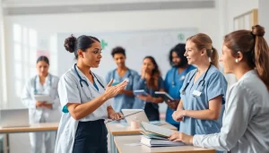 Profesora de educación en enfermería interactuando con estudiantes en una clase práctica.