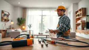 Electrician performing wiring installation in a modern living room.