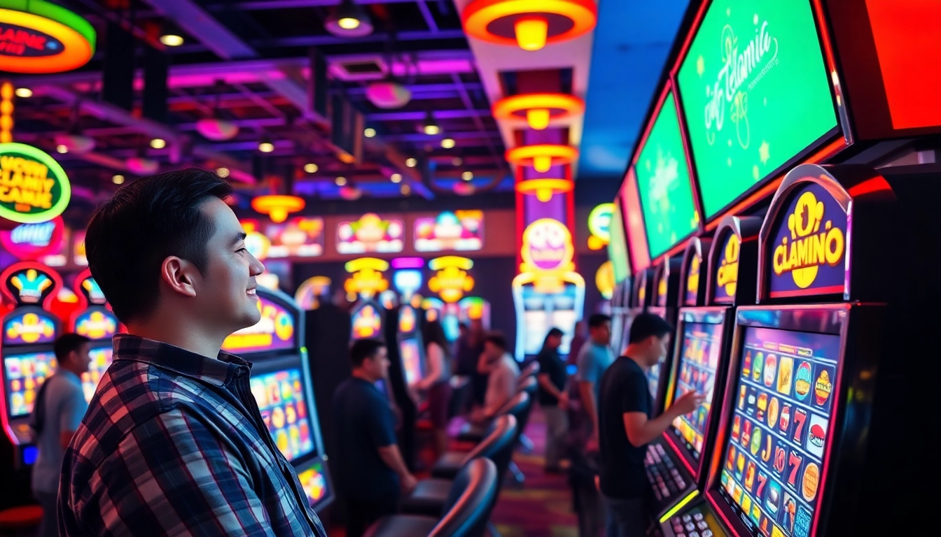 Permainan game slot yang menarik dengan tampilan mesin slot cerah dan pemain yang bersemangat.