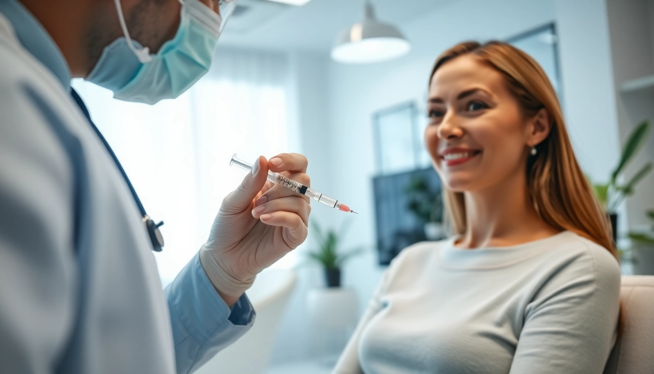 Administering a weight loss injection med in a bright clinic, highlighting patient satisfaction.