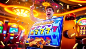 Exciting pgslot gaming scene with a vibrant slot machine and thrilled avatar celebrating a win.