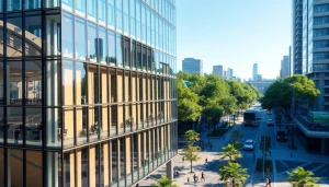 Ein lebendiges 3D-Visualisierung der Architektur zeigt moderne Gebäude in der Stadt.