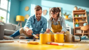 Painting companies showcase skilled professionals at work in a colorful living room.