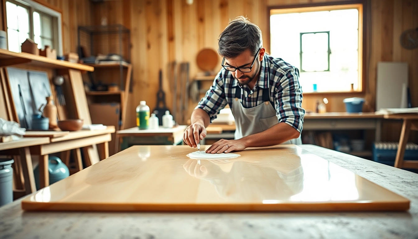 Craftsman applying laminating resin on fiberglass sheets in a bright workshop.