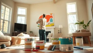 Engaging interior house painting Twin Cities with artist painting a vibrant living room.