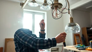 Electrician expertly installing lighting fixtures in a bright residential space.