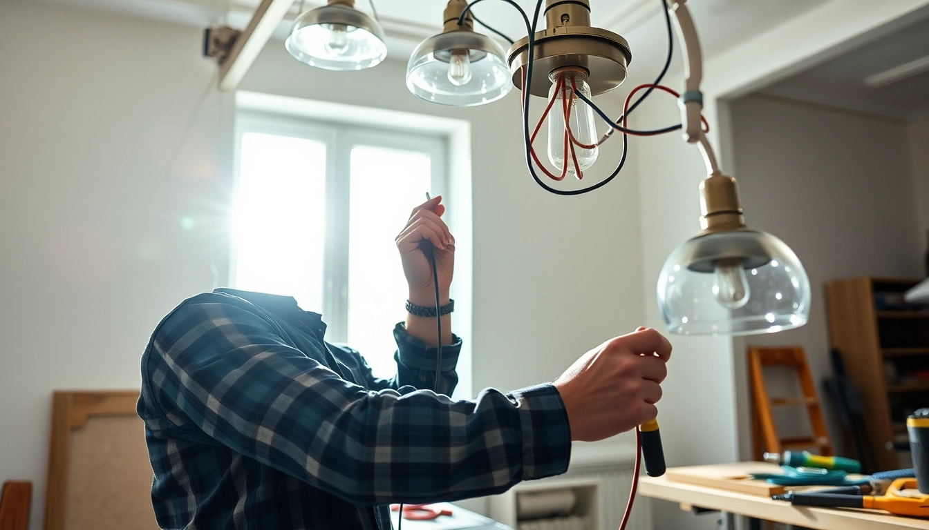 Electrician expertly installing lighting fixtures in a bright residential space.