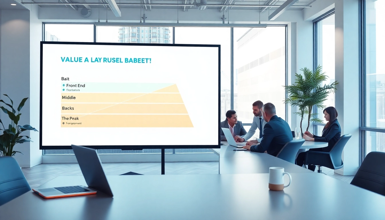 Visualize a marketing strategy using Russell Brunson’s value ladder in a modern office setting.