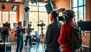 Capture the essence of Calgary Video Production with a dynamic video crew in action, emphasizing teamwork and creativity.