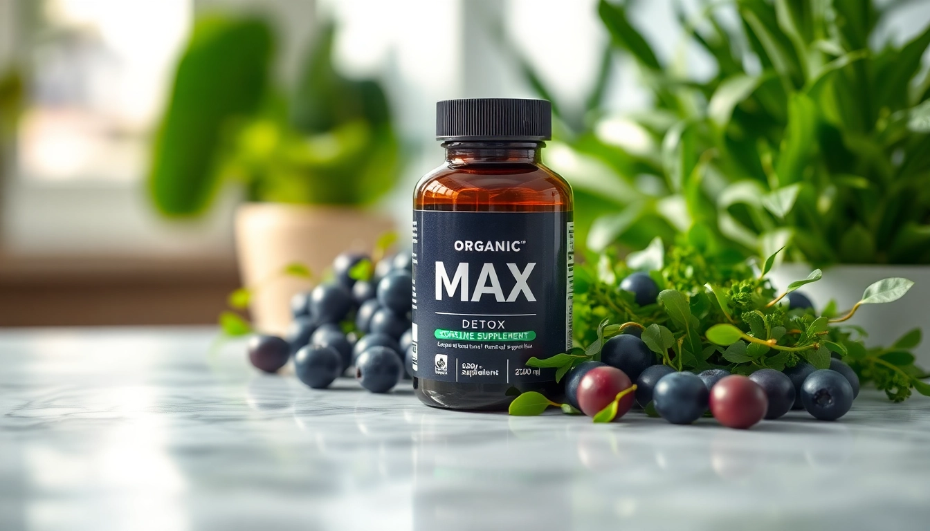 Highlighting the Max detox supplement bottle with organic chlorella and acai berries in a wellness setting.