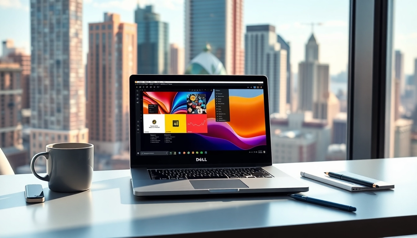 Dell Laptop on a modern desk showcasing a creative design on the screen.