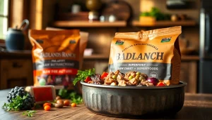 Feeding dogs high-quality Badlands Ranch dog food Canada in a rustic kitchen setting.