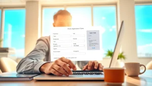 Submit uk eta online application with a traveler focused on the laptop in a bright office.
