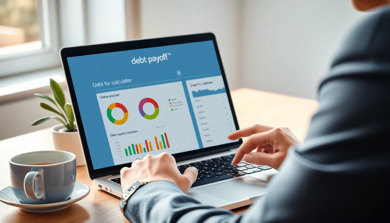 Engaging user with a debt payoff calculator displayed on a laptop screen in a bright office.