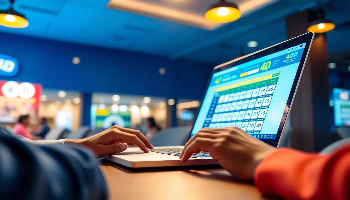 Effortlessly buy 4D online with a secure platform showcased on a laptop, displaying vibrant lottery tickets.