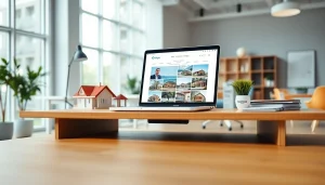 Showcasing a professional real estate blog workspace filled with models and marketing materials.