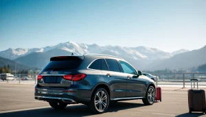 Experience premium car service from Vancouver airport to Whistler with a luxury SUV in a scenic backdrop.