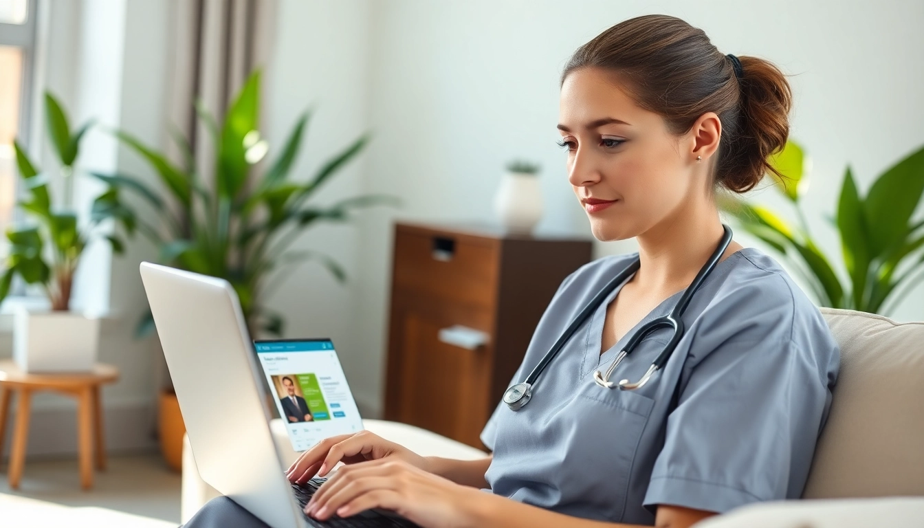Engaging in nursing ceus online courses in a modern home office with bright lighting.