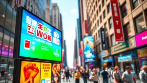 Engaging digital advertising boards displaying vibrant promotions in a busy urban setting.
