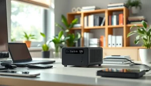 Showcasing a starlink mini 12v power supply in a bright home office setup with modern gadgets.