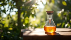 Using a nectar collector on a wooden table illuminated by sunlight surrounded by greenery