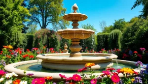 Der gartenbrunnen fließt elegant in einem malerischen Garten mit bunten Blumen.
