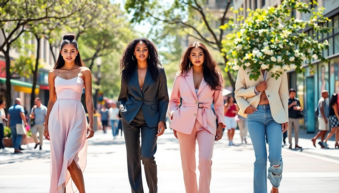 Showcasing stylish women’s outfits in vibrant urban setting with diverse models wearing trendy attire.