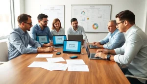 Cisco partner certification help team analyzing documents and strategies in a professional setting.