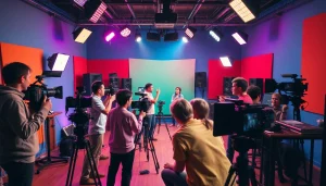 Engineers creating 홍보영상제작 showcasing teamwork and creativity in a modern studio.
