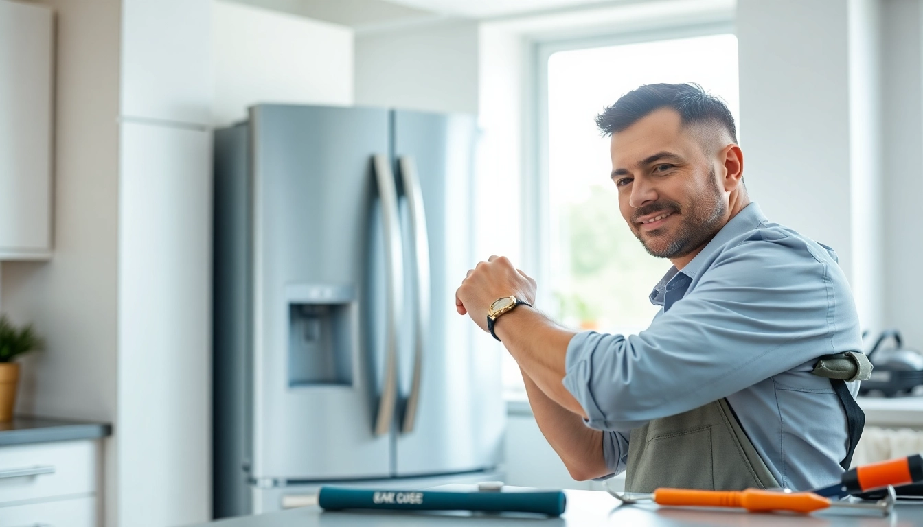Technician engaged in refrigerator repair, demonstrating expertise and professionalism in a well-lit kitchen.