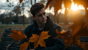 Person reflecting on a relationship breakup amid fallen leaves in a park setting.