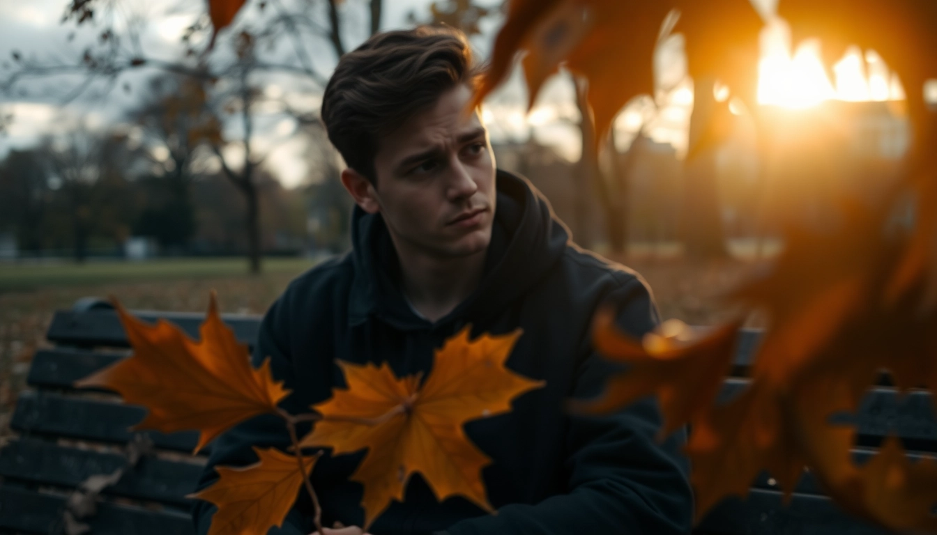 Person reflecting on a relationship breakup amid fallen leaves in a park setting.