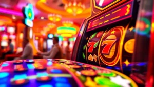 Mainkan QQAXIOO slot yang menarik dengan simbol berwarna dan suasana kasino yang meriah.