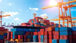 Showcasing exports, a vibrant cargo ship loaded with diverse goods at a busy port.