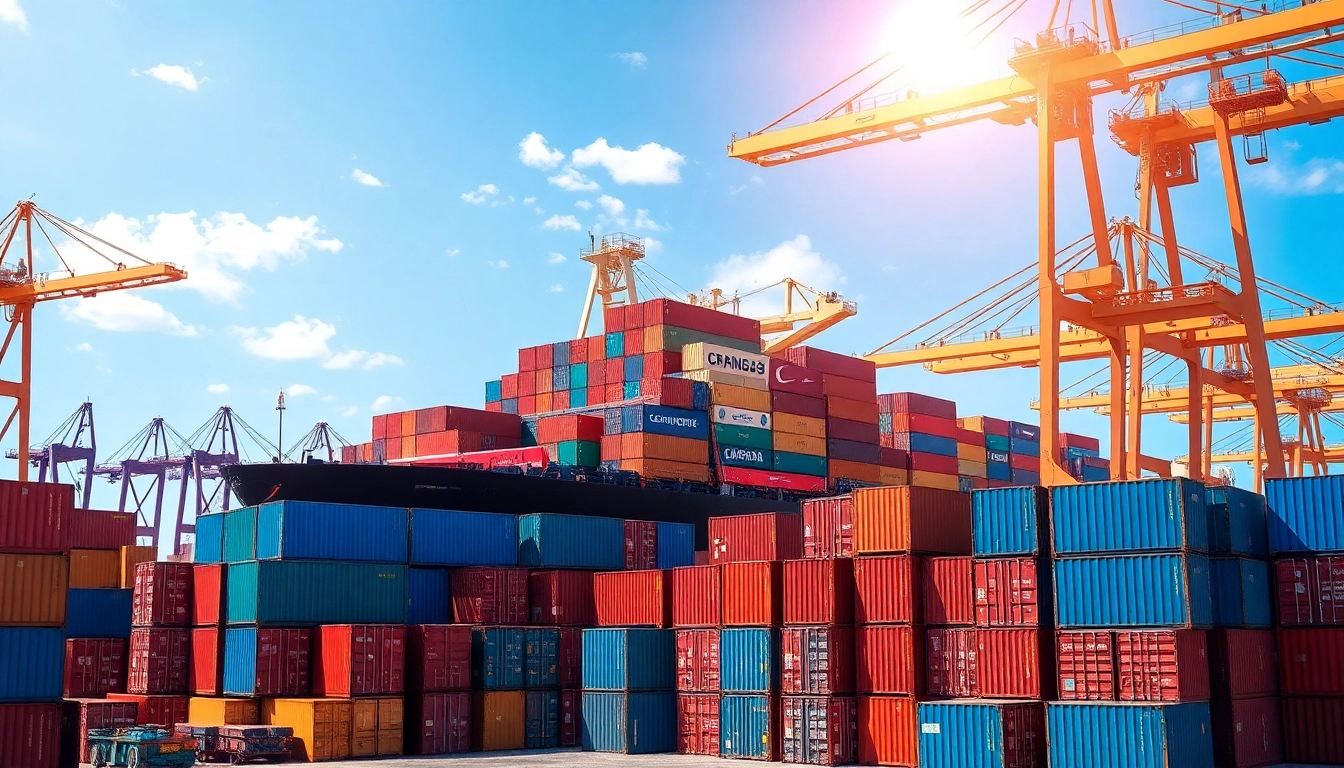 Showcasing exports, a vibrant cargo ship loaded with diverse goods at a busy port.