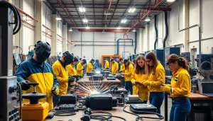 Trade school Tennessee students engaging in hands-on training in a bright, professional setting.