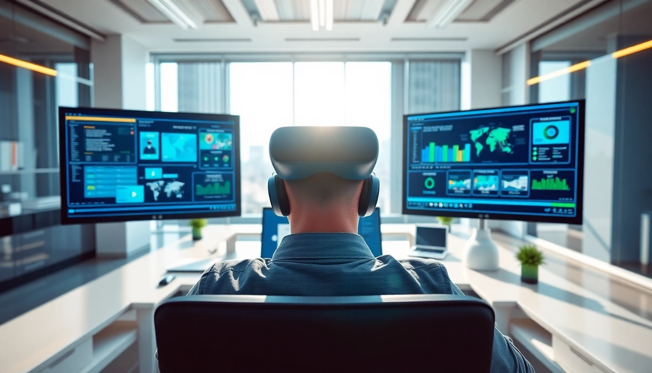 Engaged user operating a virtual desktop in a modern office, showcasing productivity in VR.