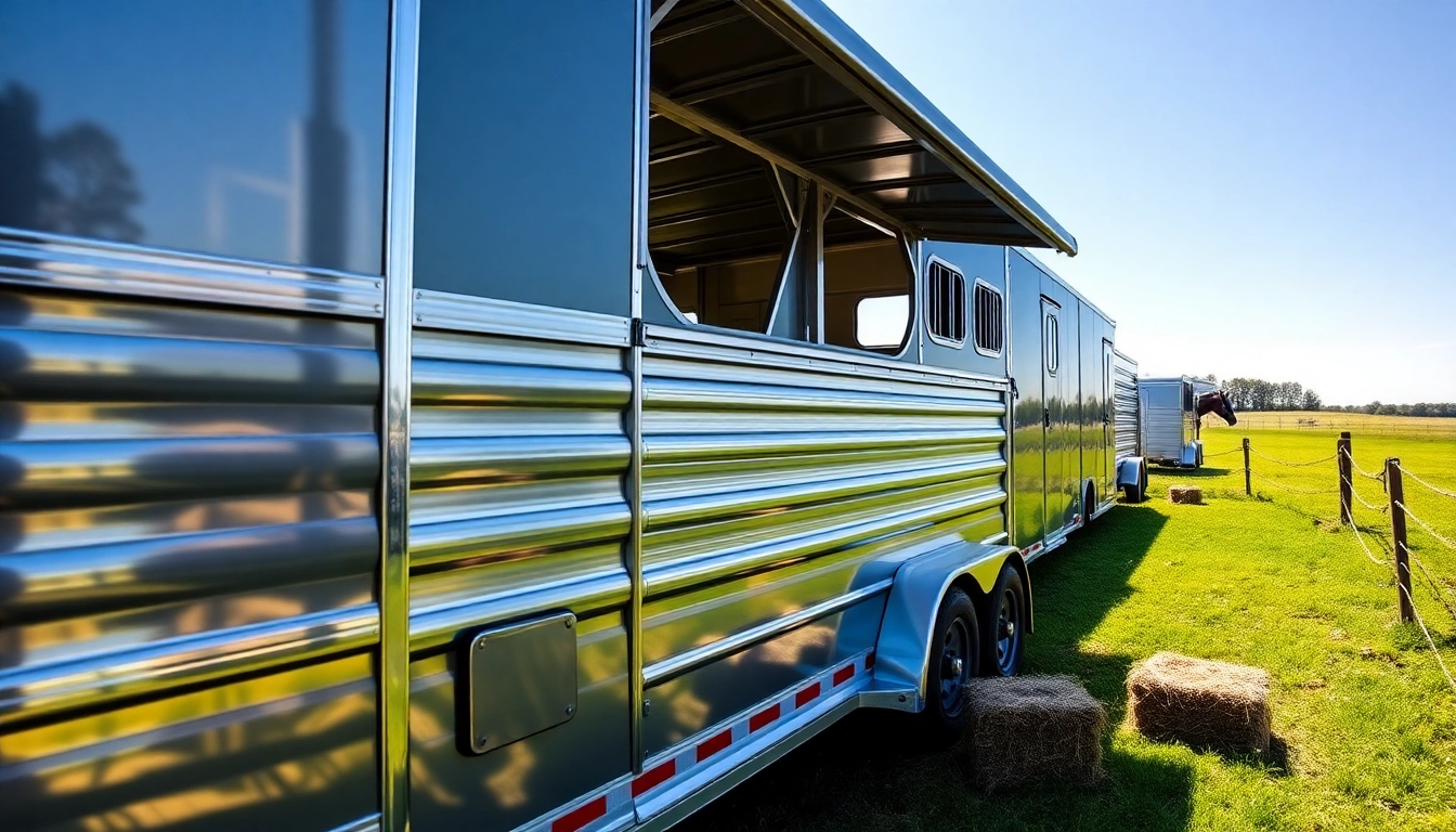 View of high-quality horse trailers showcasing intricate designs and features in a serene pasture.