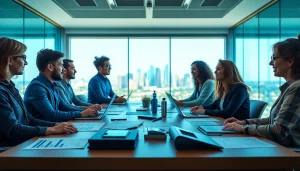 Engaged team strategizing social media marketing in Edmonton's modern office.