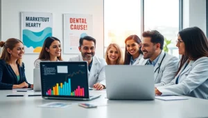 Engaging dental marketing meeting showcasing collaborative strategy discussions and bright analytics.