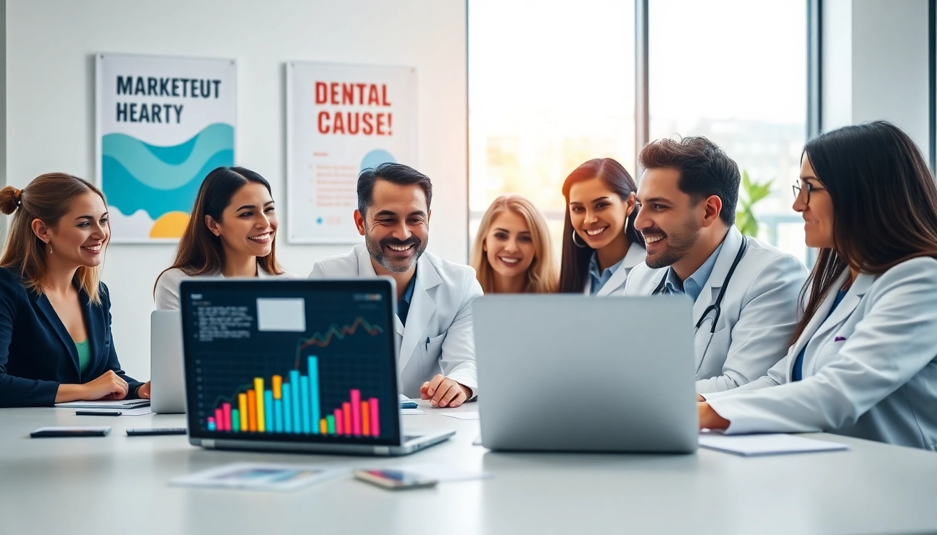 Engaging dental marketing meeting showcasing collaborative strategy discussions and bright analytics.