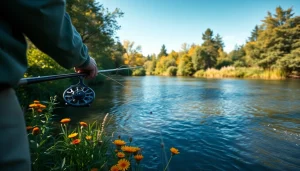 Casting fly fishing line expertly on a tranquil river with lush scenery.
