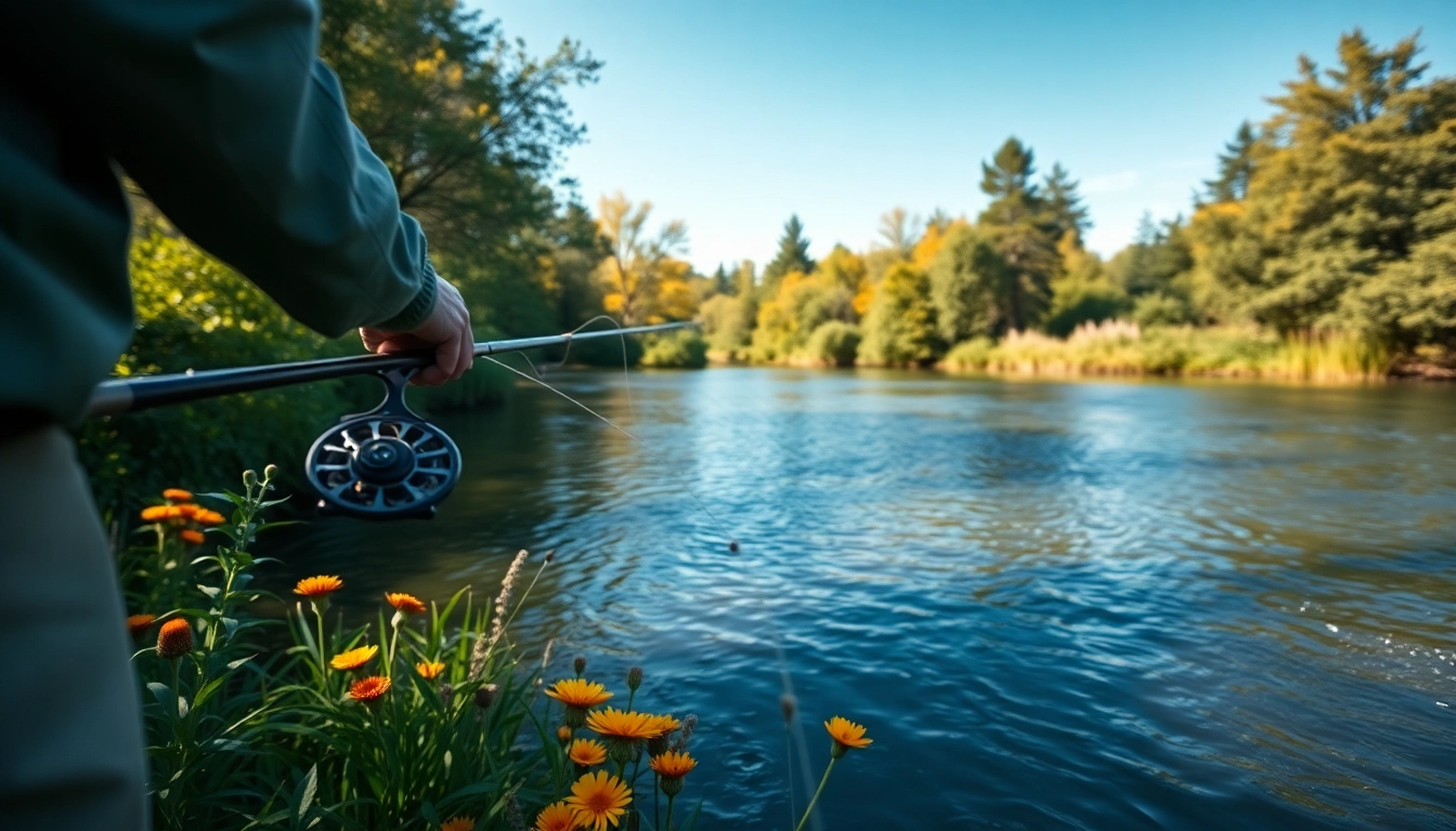Casting fly fishing line expertly on a tranquil river with lush scenery.