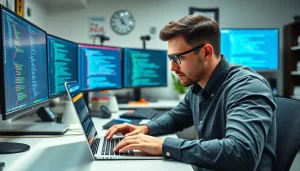 Professional developer using the Best AI coding assistant, focused on coding at a bright workstation.