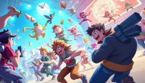 Dive into the dede game with players in action amid an engaging and colorful backdrop.